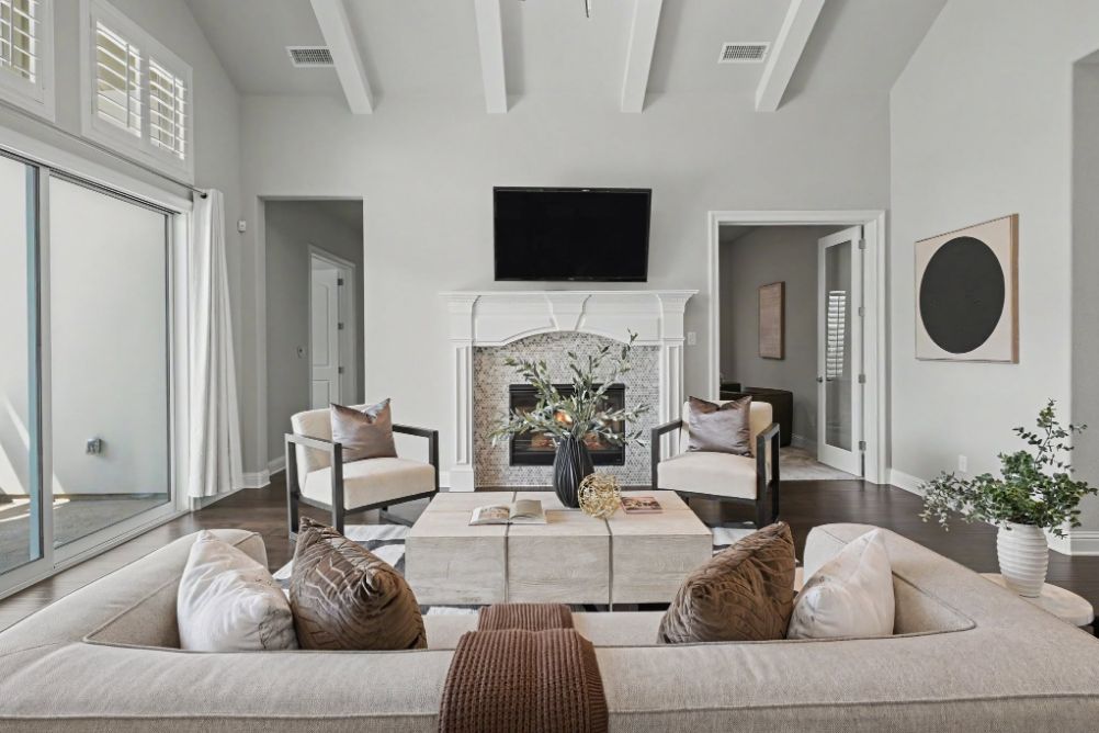 Conversation area staged around a modern fireplace